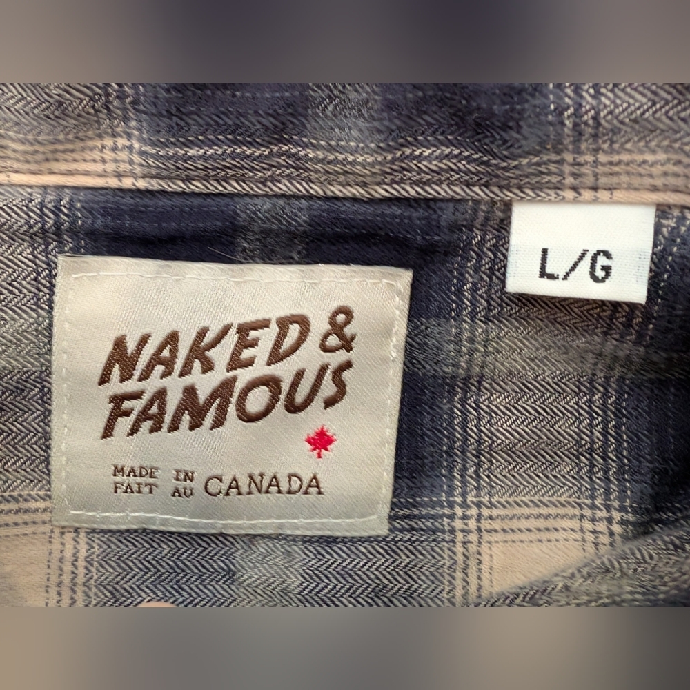 Naked & Famous Button Up Ombre Plaid Flannel Shirt Men's Size Large - Picture 3 of 6